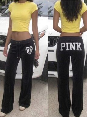 Rare Y2K PINK Victoria’s Secret Velour Sweats Glitter Peace Heart Flare Low Rise
